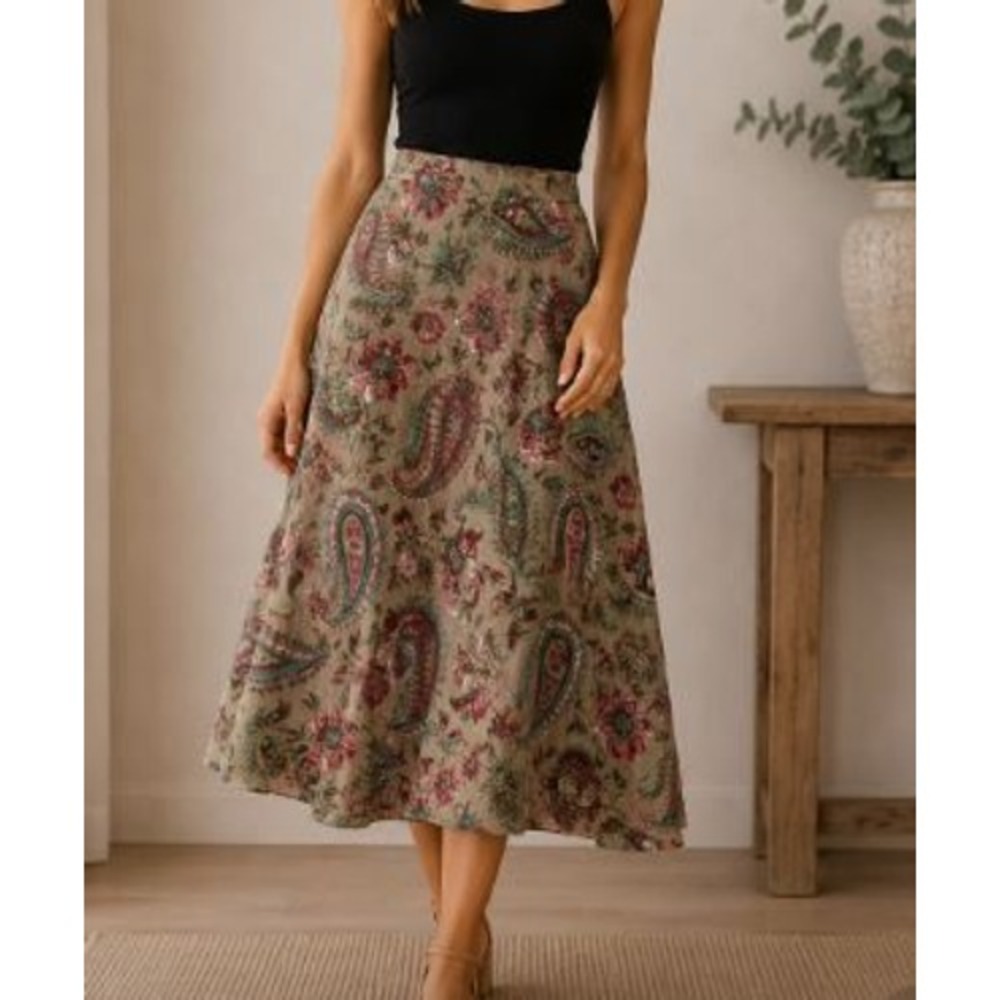 Vintage Floral Midi‎ Skirt Sz. 18 Tan Paisley Linen A-Line Boho Cottage Earthy